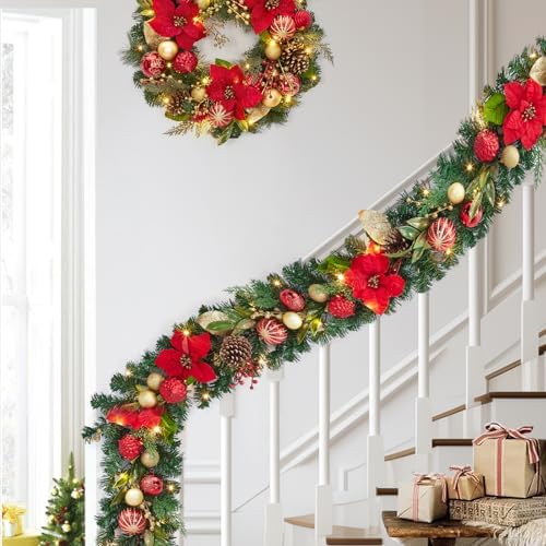 Garvee 6 Feet Christmas Garland with Lights for Mantle, Red Gold - Image 2