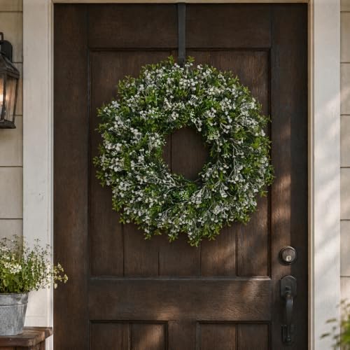 28'' Large Boxwood Wreath with Baby's Breath and White Seed Front Door Porch Window Decor Spring Summer Autumn Winter Greenery Outdoor Indoor Artificial Leaves Flowers for Home Farmhouse Wall Decor - Image 6