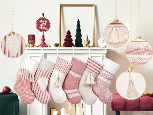 GEX Christmas Stockings 6 Pack for Family 20" Large Rustic Farmhouse Country Red Xmas Stockings with Tassels Hanging Ornament Decorations for Fireplace Xmas Season (Red, Set of 6) - Image 5