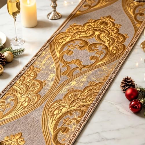 Luxury Vintage Gold Damask Table Runner 63 Inches Long with Multi-Tassels - Image 3