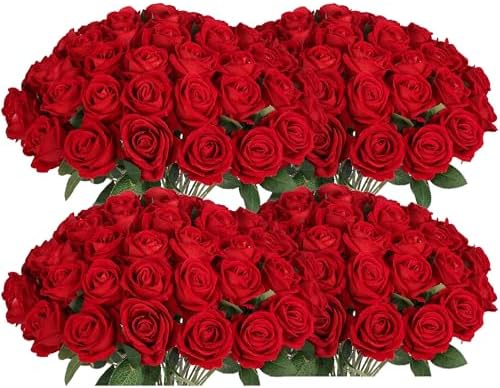 100 PCS Fake Red Roses, Artificial Red Flowers Bulk, Realistic Silk Roses by Jefuzh