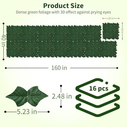 Artificial Ivy Privacy Fence Screen, 160 x 40 Inch（44.44 sq ft） UV-Anti Faux Hedge Panels, Green, Tropical Style, 16PCS - Image 2