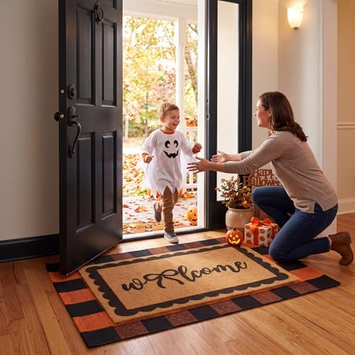 2 Pcs Fall Welcome Mat for Front Door Layered Buffalo Plaid Outdoor Rug - Image 5