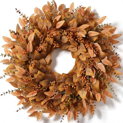 26" Fake Fall Eucalyptus Wreath with Berry for Front Door Decor(Orange) by GLIDLION
