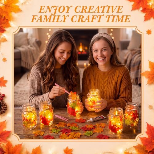 6 Pack DIY Fall Mason Jar Lantern Craft Kit, LED Lights & Maple Leaves - Image 6