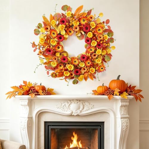 Harvest Fall Wreaths for Front Door 22 Inch Autumn Daisy Wreath Wall Decor - Image 4