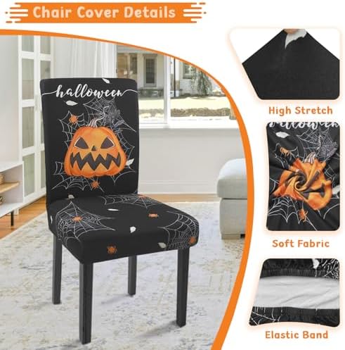 Halloween Chair Covers Set of 6 Pumpkin Ghost Spider Parsons Slipcovers - Image 5