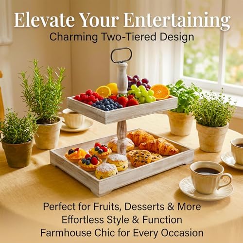 Decorative Tray - Cupcake Stand Two Tiered Tray Farmhouse Rustic 2 Tiered Serving Tray for Home and Kitchen Decor, Party, Weddings-Holiday Decoration Customizable Display Options - Image 5