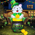 KOOY 4FT St Patricks Day Inflatables Outdoor Decorotion, Happy Saint Patricks Day Blow Up inflatables Cat with Leprethaun Hat Sit on Gold Pot, Patrick Decorations for Holiday Party Garden Lawn Décor by KOOY