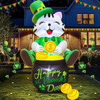 KOOY 4FT St Patricks Day Inflatables Outdoor Decorotion, Happy Saint Patricks Day Blow Up inflatables Cat with Leprethaun Hat Sit on Gold Pot, Patrick Decorations for Holiday Party Garden Lawn Décor by KOOY