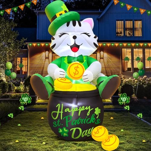 KOOY 4FT St Patricks Day Inflatables Outdoor Decorotion, Happy Saint Patricks Day Blow Up inflatables Cat with Leprethaun Hat Sit on Gold Pot, Patrick Decorations for Holiday Party Garden Lawn Décor by KOOY