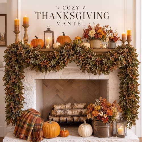 XunYee 6 ft Fall Garland Artificial Boxwood Leaves Fall Garland for Mantle - Image 4
