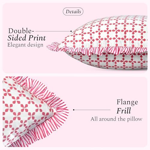 CPC Magenta Pink Hand Block Print 100% Cotton Ruffle Throw Pillow Cover 20x20 inch with Hidden Zipper Decorative for Couch, Bed, Sofa, Farmhouse, Cottagecore Decor Gift Christmas Fall Thanksgiving - Image 2
