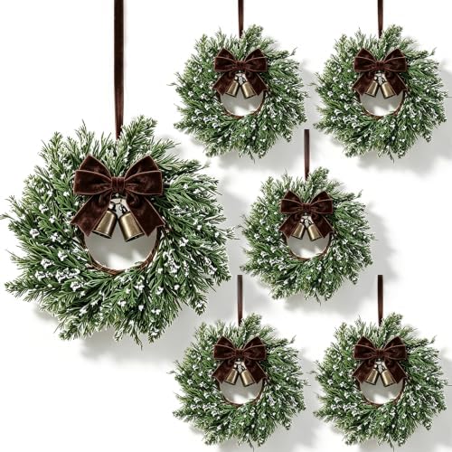 6 Pcs Small Christmas Hanging Wreaths Artificial Snow Flocked Cedar Wreaths with Brown Velvet Ribbon & Bronze Bells Mini Christmas Wreaths for Cabinet Porch Front Door Winter Xmas Holiday Decorations by Unknown