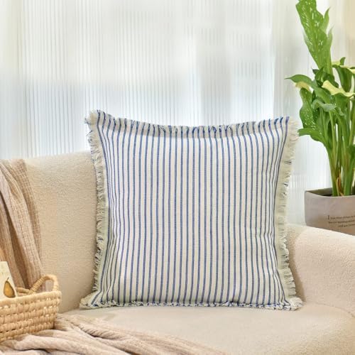 ZWJD Throw Pillow Covers 22x22 Set of 2 Striped Pillow Covers with Fringe Chic Cotton Decorative Pillows Square Cushion Covers for Sofa Couch Bed Living Room Farmhouse Decor(Bright Blue) - Image 2
