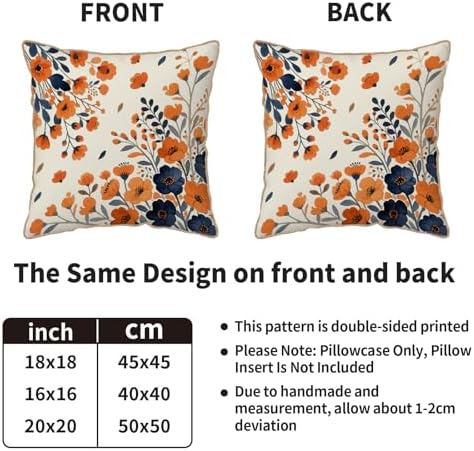 Fall Floral Velvet Pillow Covers 20x20 Set of 2, Burnt Orange Blue Autumn Colored Flower Seasonal Print Vintage Decorative Throw Pillowcases Holiday Farmhouse Cushion Cases Couch Sofa Bed Decor - Image 4