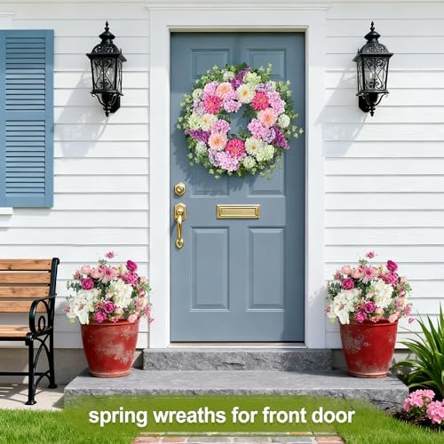 24 Inch Dahlia & Hydrangea Wreath Artificial Spring Wreath for Front Door Floral Wreat with Hyacinth Daisy Eucalyptus Ivy Indoor Outdoor Farmhouse Home Decor for Valentine’s Day Easter Summer - Image 6