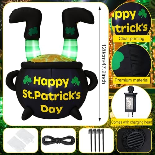 Glooglitter 4 ft St Patrick's Day Inflatables Outdoor Decorations Leprechaun Feet in Cauldron Pot Inflatable Outdoor Decor with LED Lights Blow up Lighted for Party Holiday Yard Garden Decor - Image 2
