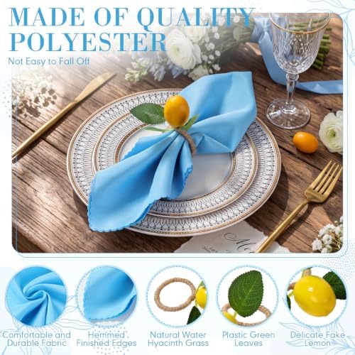 Preboun 24 Pcs Blue Cloth Napkins 19"x19" with Lemon Napkin Rings - Image 3