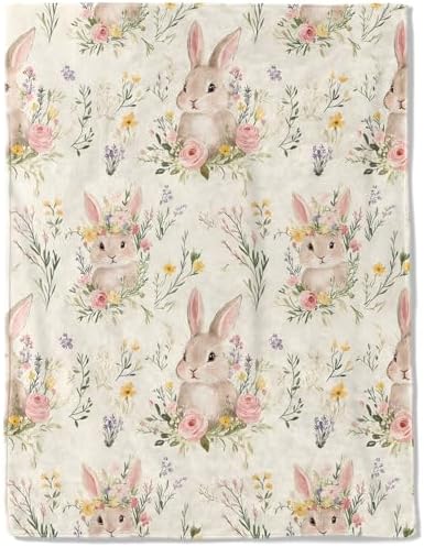 Cute Bunny Fleece Blanket - Lightweight Soft Cozy Gifts Throw for Animal Lovers, Kids,Women,Rabbit Floral Cream Blankets,Home Room Modern Farmhouse Boho Decor 50x60in by AINORI