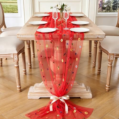 BINBE 12pcs Daisy Spring Table Runner Embroidery Gauze 10FT Florals Seasonal Tulle Holiday Birthday Kitchen Dining Table Decor for Home Party Red - Image 2