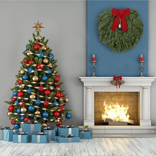 24" Norfolk Pine Wreath, Artificial Christmas Wreaths, Real Touch Green Winter Garland for Front Door Wall Indoor Outdoor Christmas Holiday Decor, with Bow & Bell, FF12 - Image 4