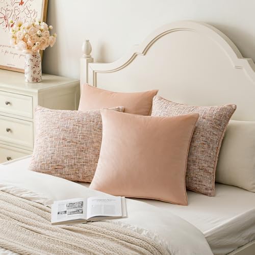a moment Light Pink 4 Pack Throw Pillow Covers - Chenille & Velvet Set with Piping, Farmhouse Textured Design Pillow Cases for Couch Sofa Bed Livingroom (20x20 Inch, No Insert) - Image 5
