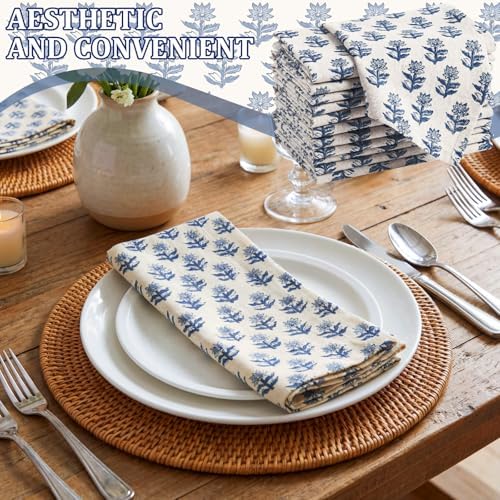 Mindsoft Set of 12 Floral Cloth Napkins Blue Linen Cloth Napkins - Image 4