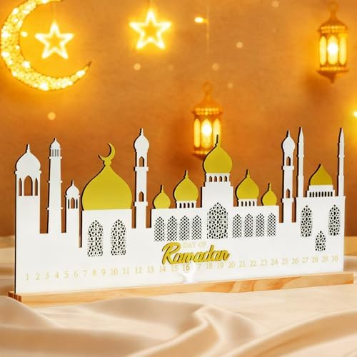 Cinnvoice 2026 Ramadan Advent Countdown Calendar, 20 Inch Ramadan Decoration for Home, Wooden Eid Countdown Gift Islamic Table Centerpiece Reusable Mubarak Mosque Table Decoration for Muslim Gifts by QinYee