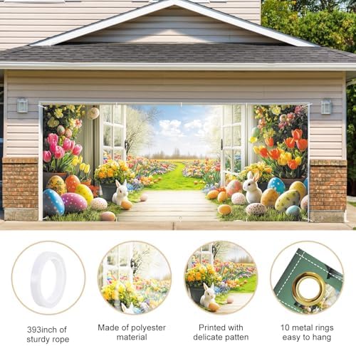 ANNA QUEEN Garden View Easter Garage Door Banner 7x16FT, Spring Flowers Easter Eggs Bunnies Garage Door Cover, Outdoor Decoration for Yard, Garage & Front Door - Image 4