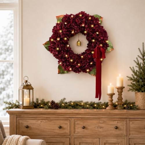 Christmas Wreath -21 Inch Burgundy Hydrangea Artificial Flower Wreath for Front Door, Christmas Wreath with Lights, Ribbon Bell for Home Table Wall Window Indoor Outdoor Christmas Decoration - Image 4