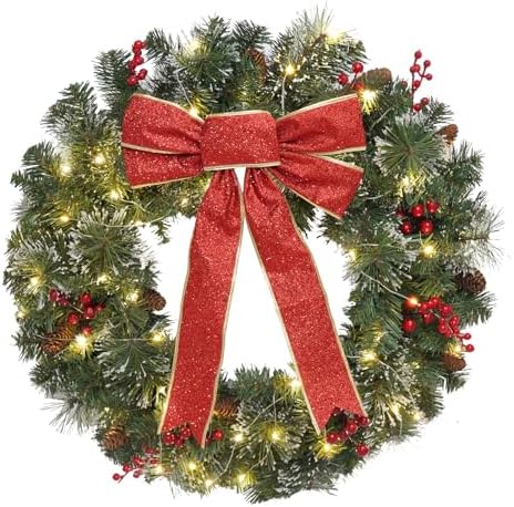Christmas Wreath Front Door Wreath - 24 Inch Pre-Lit Outdoor Wreaths for Front Door Battery Operated 55 White Lights Bulbs Christmas Decoration Wall Wreath Outside DiliComing by DiliComing