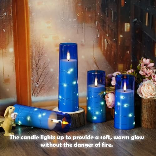 kakoya Flameless LED Candles with Timer 5 Pc Flickering Flameless Candles for Romantic Ambiance and Home Decoration Stable Acrylic Shell,with Embedded Star String，Battery Operated Candles（Blue） - Image 4