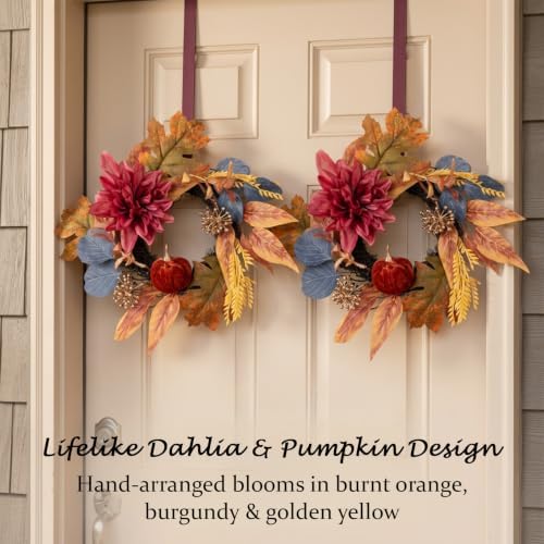 12 Inch Fall Wreaths for Front Door Set of 2, Artificial Pumpkin Dahlia Autumn Wreath with Table Runner & Bunting Banner, Farmhouse Thanksgiving Harvest Decor - Image 3