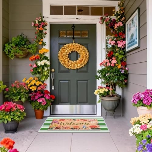 2 Pcs Floral Welcome Doormat Set, Front Door Mat with Non Slip Rubber Backing, Spring Outdoor Entryway Porch Mat Decor Farmhouse Floral Welcome Mat Set for Seasonal Home Indoor Decor - Image 2