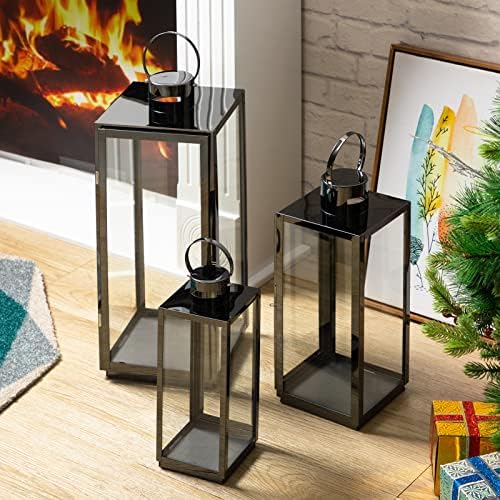 MATICO Stainless Decorative Candle Lantern Set of 3, Hanging Decor Hurricane Lantern Candle Holder for Festival Ceremony Home Decor, Both Indoor & Outdoor Use, Black - Image 3