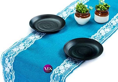 VDS Pack of 12, Burlap Table Runner with White Lace Edge, 100% Natural Jute Rustic Hessian Table Cloth Centerpiece for Wedding Birthday Party Banquet Table Decoration (Size 12X108 Inch)(Teal) by VDS