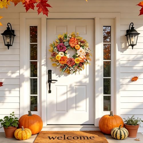 Fall Wreaths for Front Door Outside 24 Inch,Rustic Harvest Autumn Wreath - Image 4