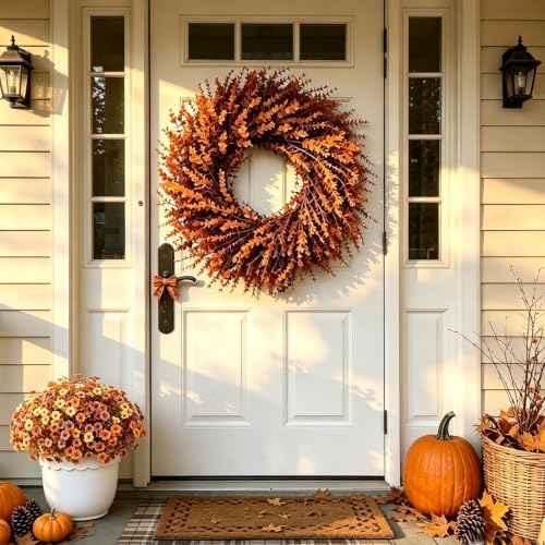 26in Large Artificial Autumn Eucalyptus Wreath (Fall Orange) - Image 3