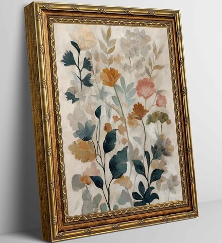 Gold Framed Beige Floral Canvas Wall Art Vintage Country Botanical Earth Tone Flower painting Decor Pictures Boho Plant Bedroom Living Posters Prints for Corridor Classroom Kitchen Room Decoration by JUZKNMCWallArtwelcomesyou