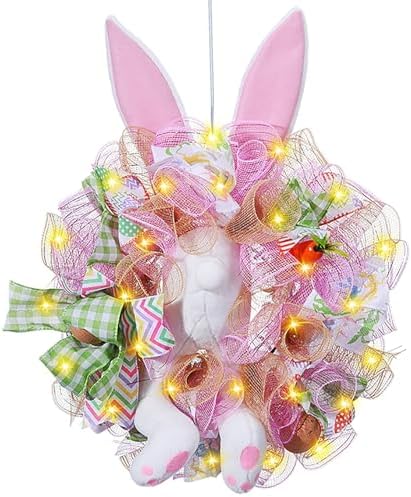 Easter Wreaths for Front Door with Lights,Easter Door Wreath,Easter Mesh Wreath,Bunny Spring Colorful Easter Decorations Holiday Ornament for Home Indoor Outdoor Supplies (Pink Bunny Butt) by YOUDRN
