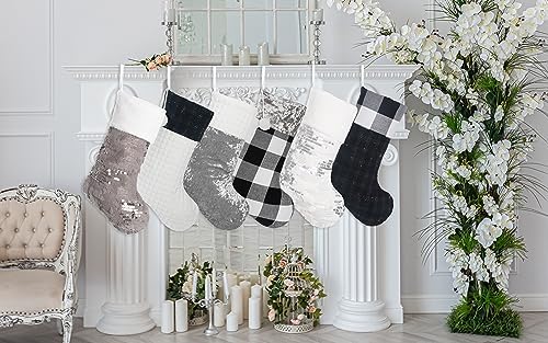 LUBOT 6 Pack Christmas Stockings Large Family Xmas Stocking Black White Gray Contrast Match Flannel Plaid Plush Sequins Hanging for Decorations Holiday - Image 4
