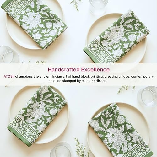 ATOSII Meraki Green 100% Cotton Spring Cloth Designer Dinner Napkins, Handblock Print, Washable Durable Linen for Everyday Use Wedding Parties Outdoors Christmas Easter I 20 X 20 Inches I Set of 4 - Image 3