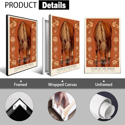 Chinese Lunar Year of the Horse Art Print – Majestic Calm Diligent Steadfast Lunar New Year Poster for Oriental Home Aesthetic Family Wall Decor Prints Canvas Wall Art 12X18 in Black Framed - Image 2