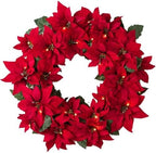 Balsam Hill Outdoor Lit Poinsettia Celebration Christmas Wreath - 26" Festive Red Front Door Wreath with Poinsettia Flowers & Battery-Operated LED Clear Lights by BalsamHill