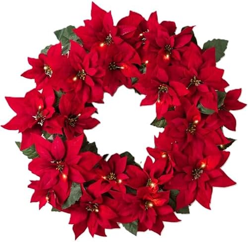 Balsam Hill Outdoor Lit Poinsettia Celebration Christmas Wreath - 26" Festive Red Front Door Wreath with Poinsettia Flowers & Battery-Operated LED Clear Lights by BalsamHill