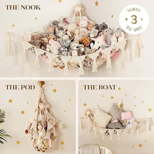 TIDYTEDS XL Stuffed Animal Hammock – Handcrafted Corner Net, 4mm Double Macrame Cord, 100% Natural Cotton Plushie Holder with LED Light (Ice Cream) - Image 4