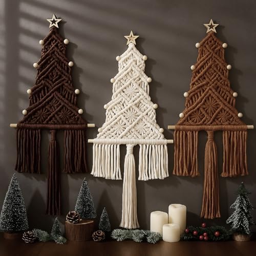 3 Pcs Large Macrame Christmas Tree Decor, Beige, Brown and Tan by HunnmingRe
