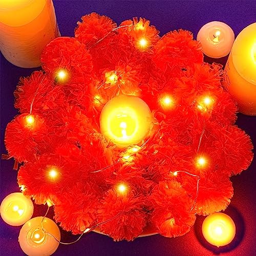 Karenhi 10 Pcs 50 Feet Diwali Marigold Garland with LED Light, Indian Artificial Marigold Flower Garland for Wedding Backdrop Christmas Mantel Dia de Los Muertos Festival Event Decor(Dark Orange) - Image 5
