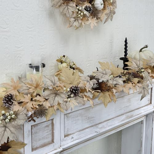 Realistic Fall Garland with Lights, 6 FT Real Touch Feel Leaves Garland with Berries Pine Cones, Fall Decorations for Home Thanksgiving Halloween Decorations Indoor Farmhouse Porch Fireplace - Image 6